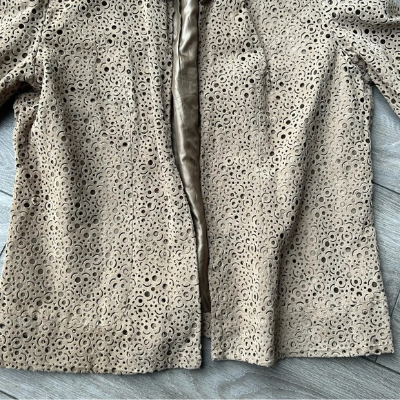 Chico's Tan Genuine Leather Laser Cutout Long Sleeve Open Front  Jacket - Picture 8 of 12
